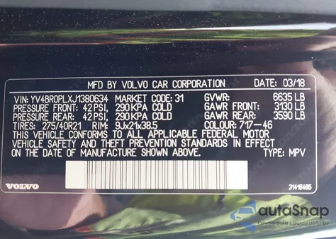 2018 Volvo Xc90 T8 z USA, uszkodzony, nr VIN YV4BR0PLXJ1380634